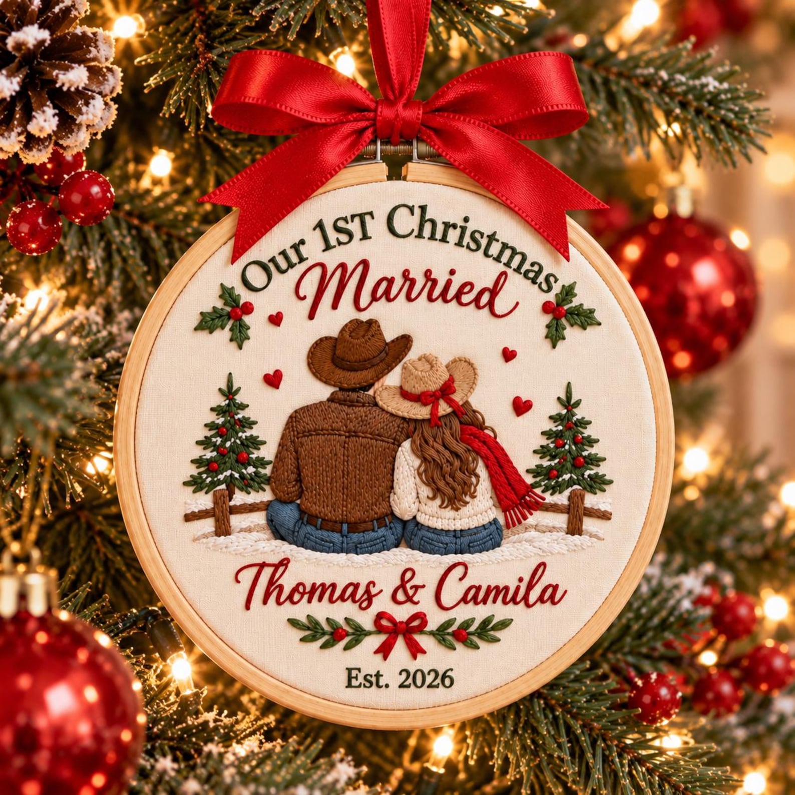PERSONALIZED EMBROIDERED CHRISTMAS ORNAMENT  Celebrate the people who make the holidays special with a personalized embroidered ornament made just for you. Each piece is carefully embroidered with your chosen name, family details, or personalization, crea