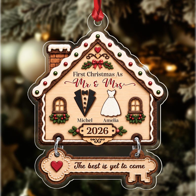 Personalized First Christmas As Mr & Mrs Married Ornament, Gingerbread House Acrylic 2D Flat