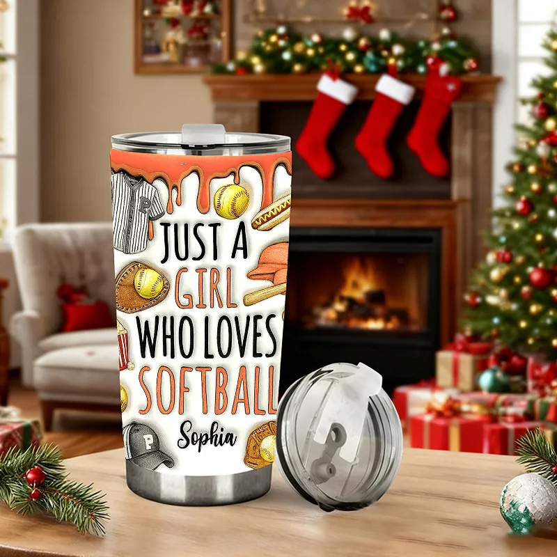 Personalized Softball Tumbler with "Just a Girl Who Loves Softball" Design with Custom Name