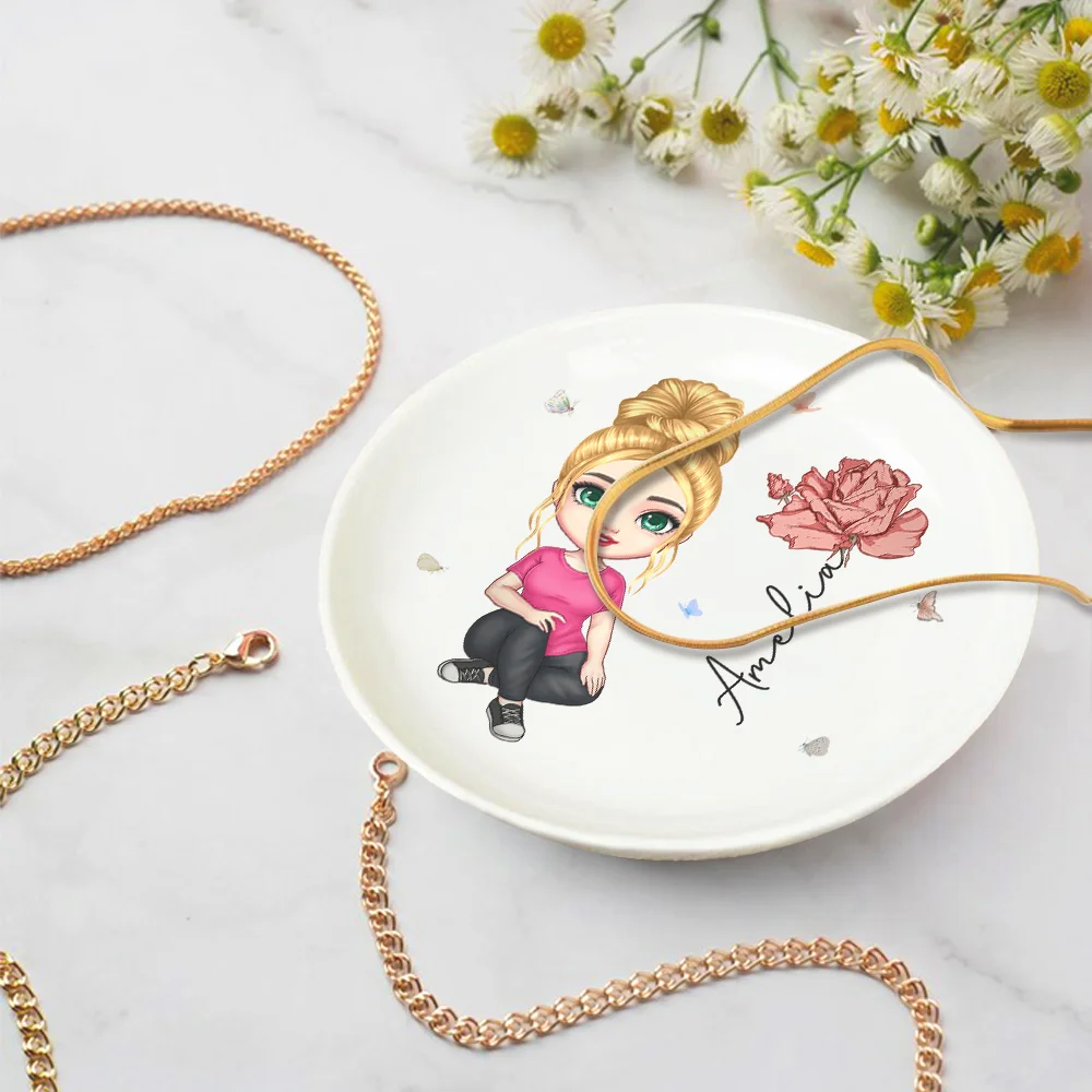 Personalized Cute Cartoon Character Ceramic Ring Dish Jewelry Tray with Birth Flower and Name Birthday Bridesmaid Wedding Gift for Her