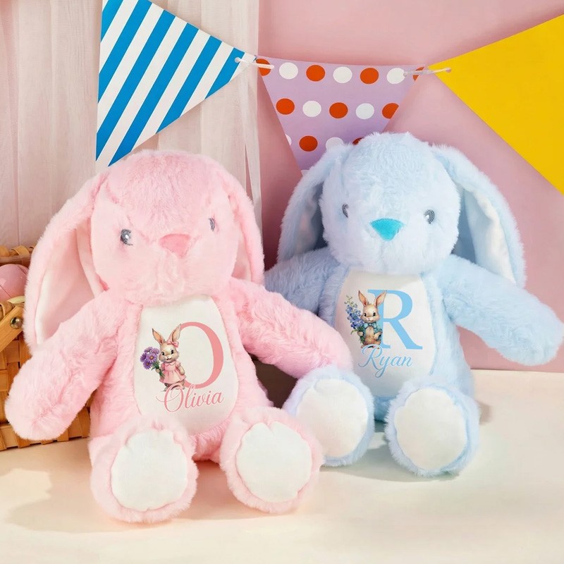 Personalized Cute Rabbit Plush Easter Bunny Stuffed Toy with Initial Name and Birth Flower Easter Gift for Newborns Kids