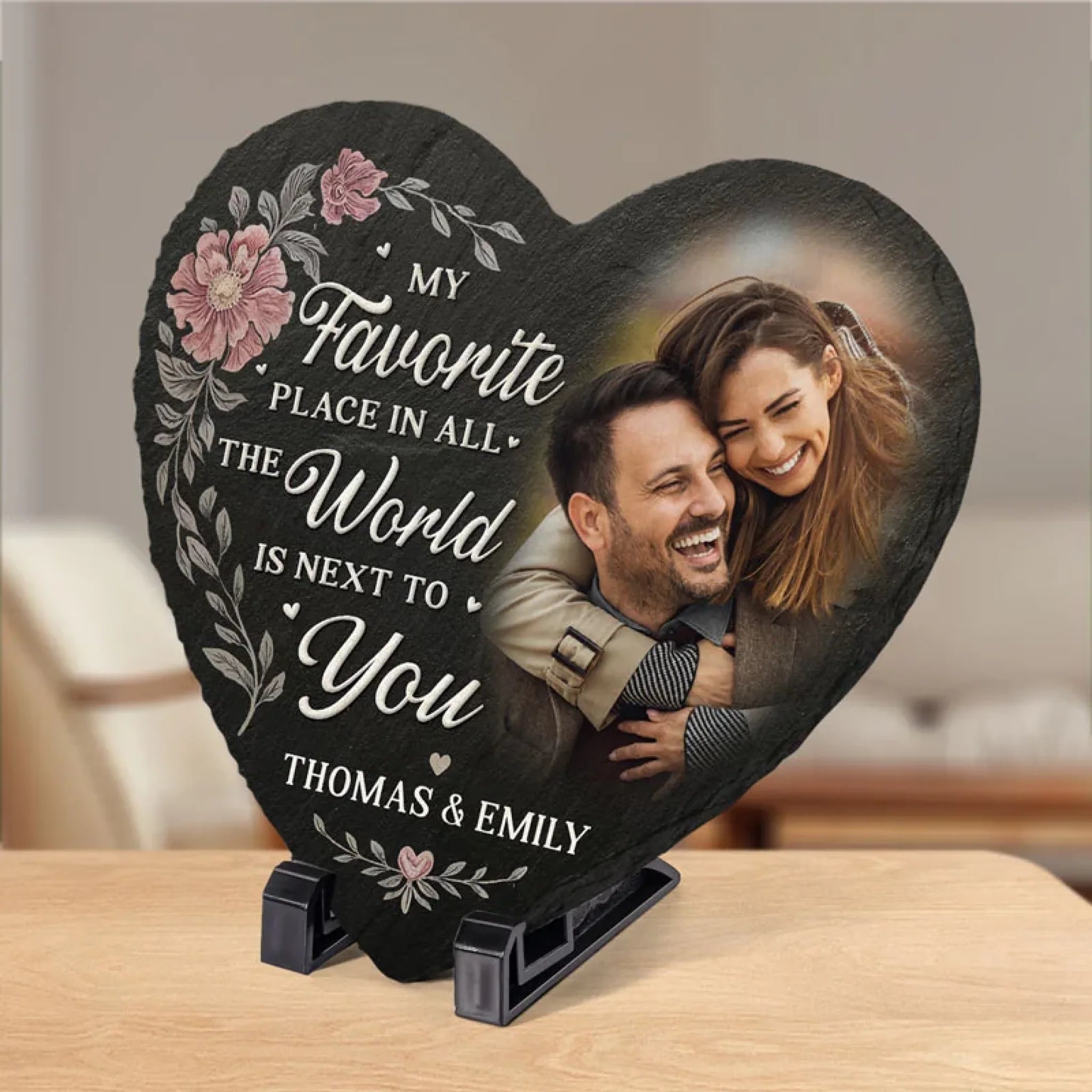 Personalized Couple Photo Floral My Favorite Place in All the World is Next to You Heart Shaped Stone with Stand Christmas Valentines Day Gift