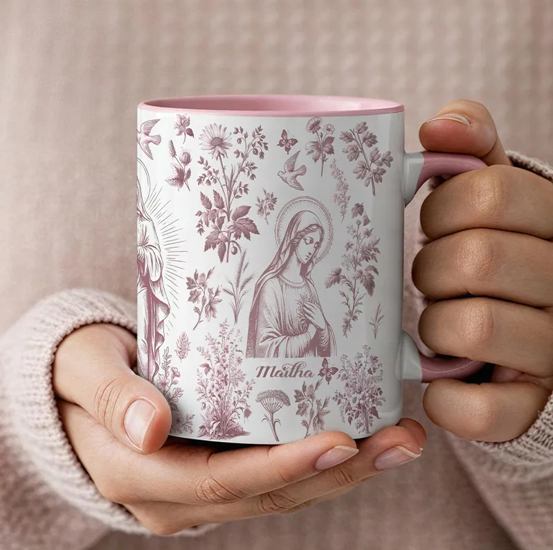Personalized Catholic Virgin Mary Pink French Toile 11oz Ceramic Mug with Name Our Lady Coffee Cup Floral Catholic Marian Mug Christian Gift for Women