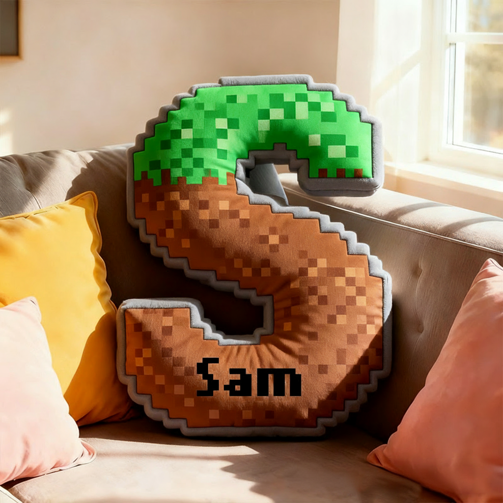 Personalized Pixel Grass Graphic 3D Print Alphabet Shaped Pillow for Game Lovers Initial Pillow Christmas Gift for Kids