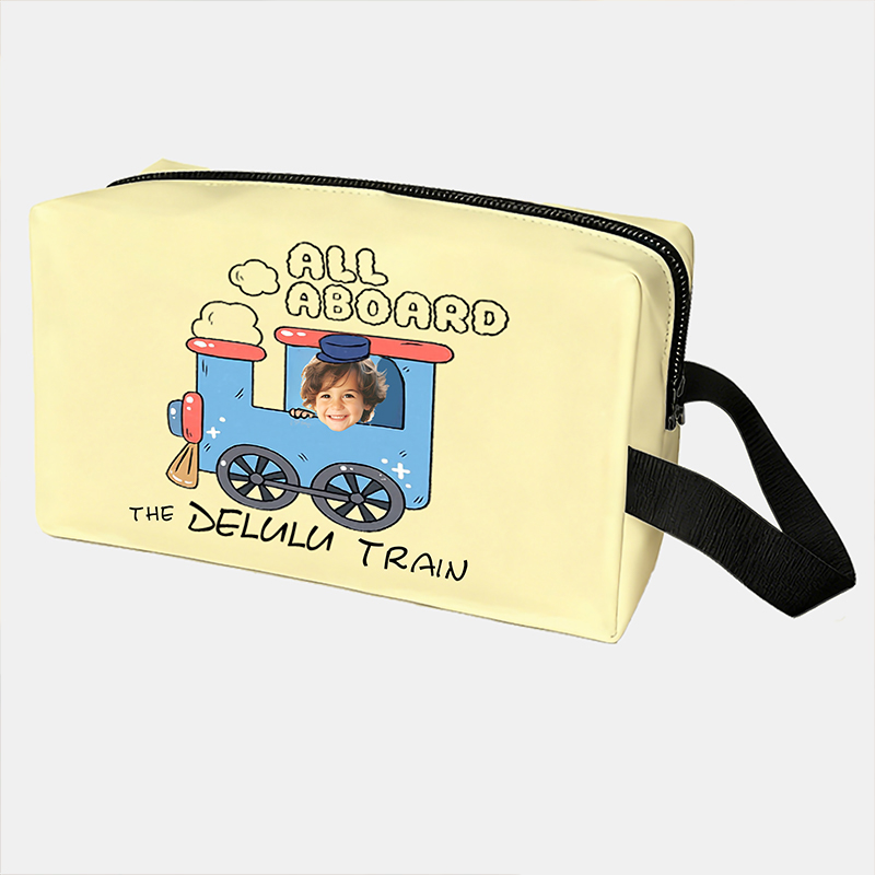 Personalized Cartoon Train Conductor Custom Kids Name and Face Toiletry Bag Design for Kids Travel Gifts and Daily Use