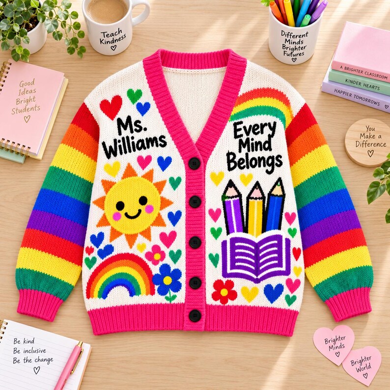 Personalized Teacher Cardigan Custom Name Rainbow Fall Sweater