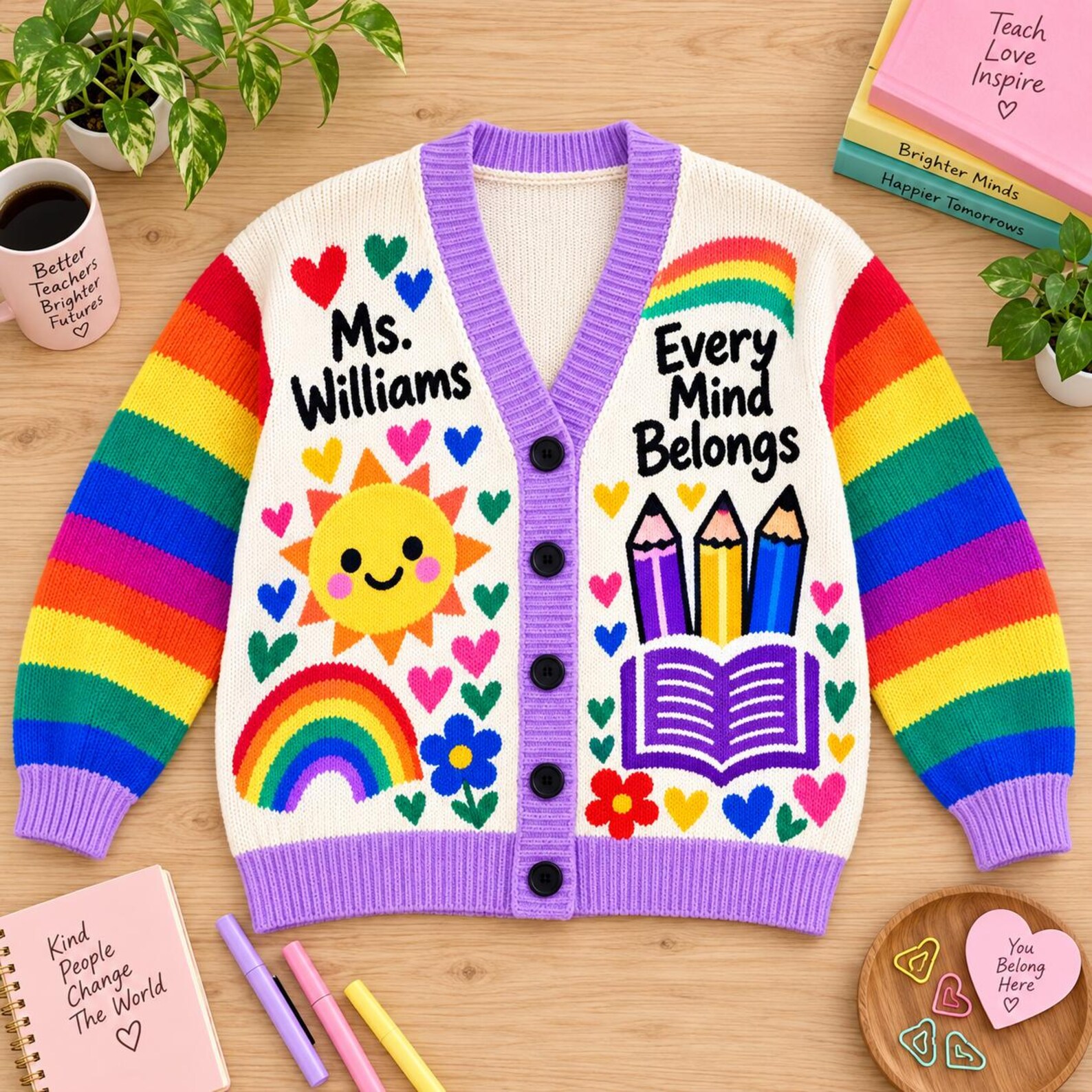 Personalized Teacher Cardigan Custom Name Rainbow Fall Sweater