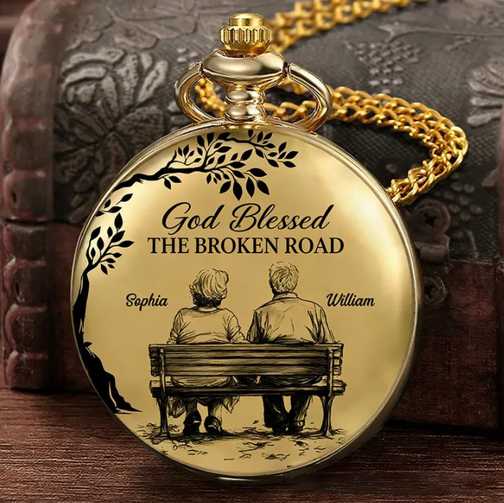 Personalized God Blessed the Broken Road that Led Me Straight to You Pocket Watch with Custom Names Religious Gift for Couple Valentine's Day Gift