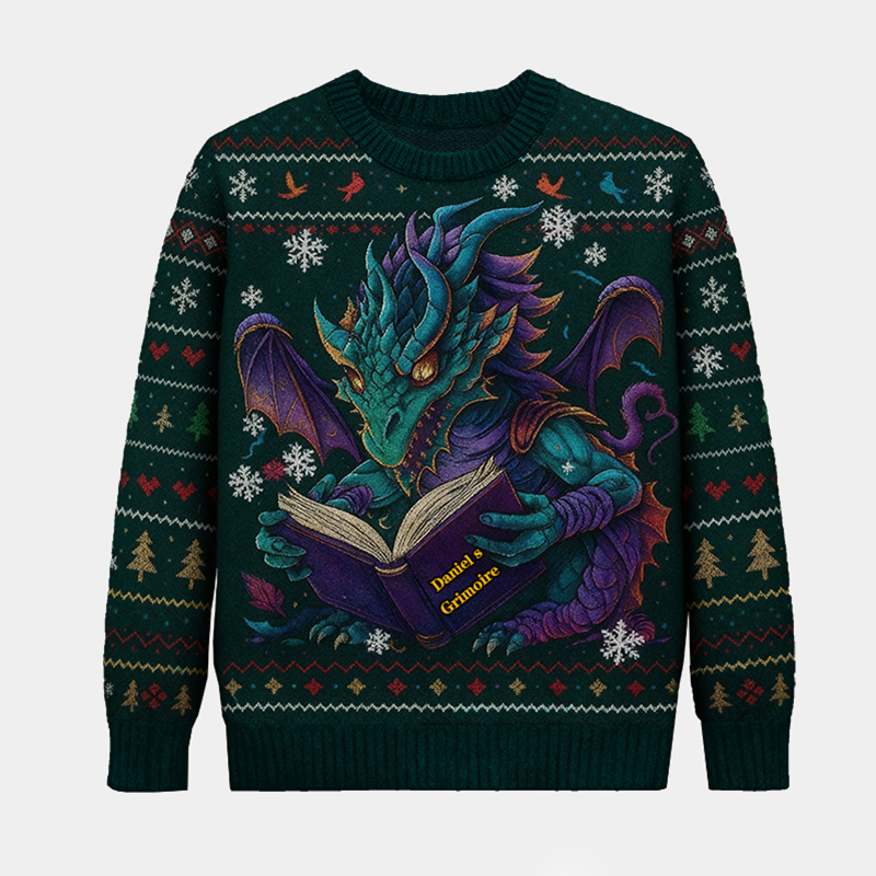 Personalized Magic Dragon Ugly Christmas Sweater Gift for Librarians and Reading Enthusiasts
