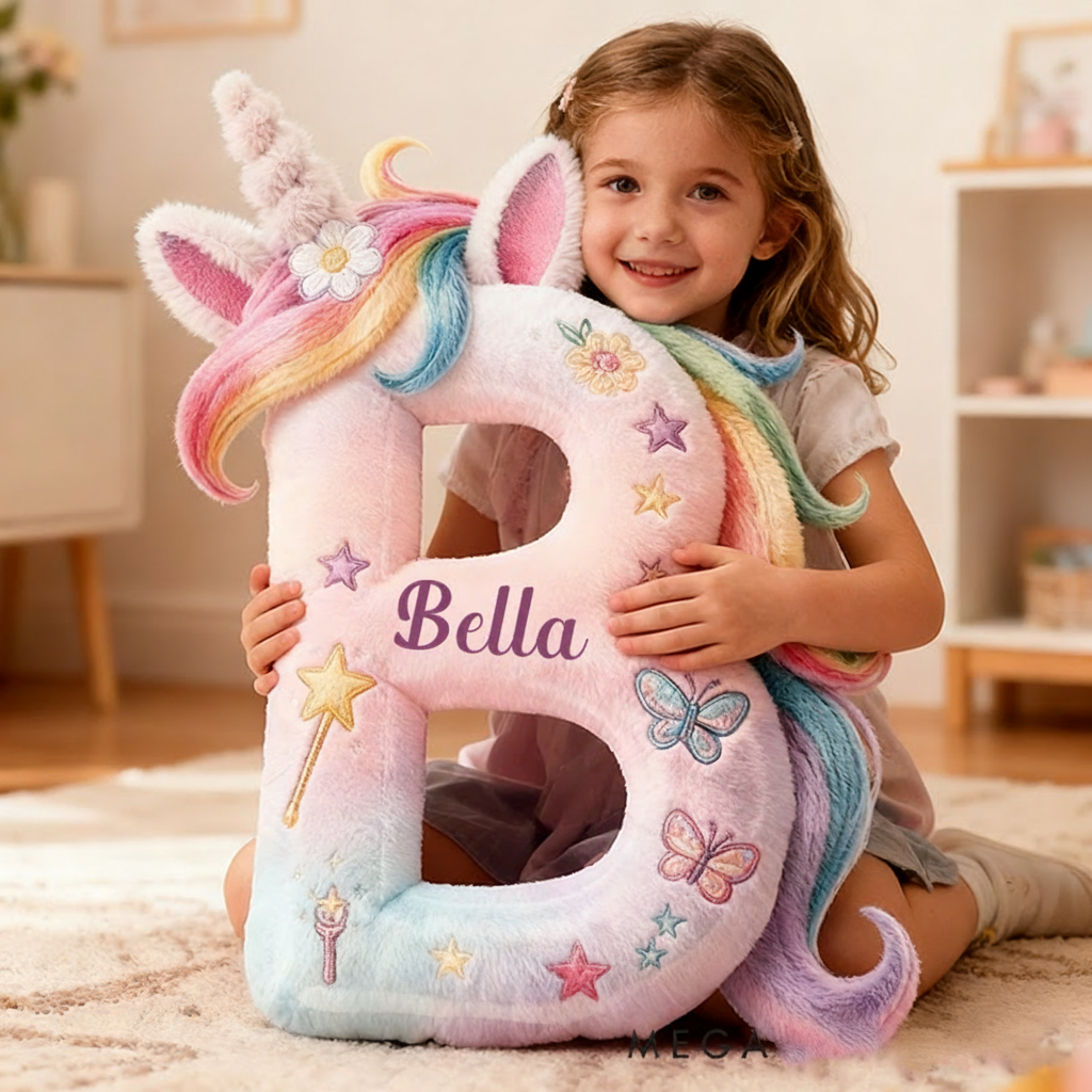 Personalized Letter Christmas Gift Pillow Pastel Rainbow Colors Stars Butterflies Magic Wand and Whimsical Fairy Tale Design Graphic 3D Print Pillow