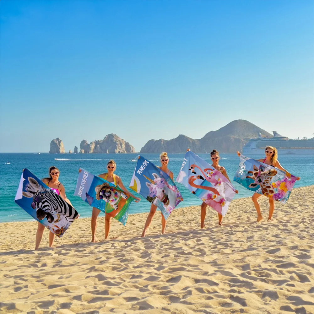 Personalized Funny Zebra Flamingo Animals Quick Dry Oversized Beach Towel with Name Summer Vacation Beach Party Gift