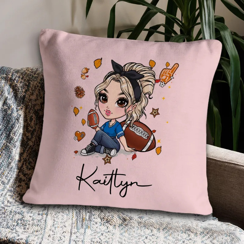 Personalized American Football Throw Pillow with Custom Name and Cute Cartoon Design