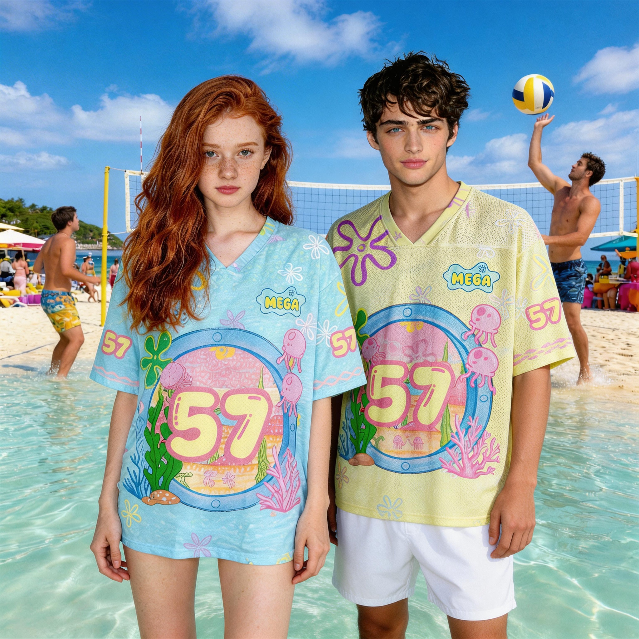 Personalized Kids and Aldult Summer Beach Outfit Set Cute Cartoon Ocean Theme Number Sports Jersey Top