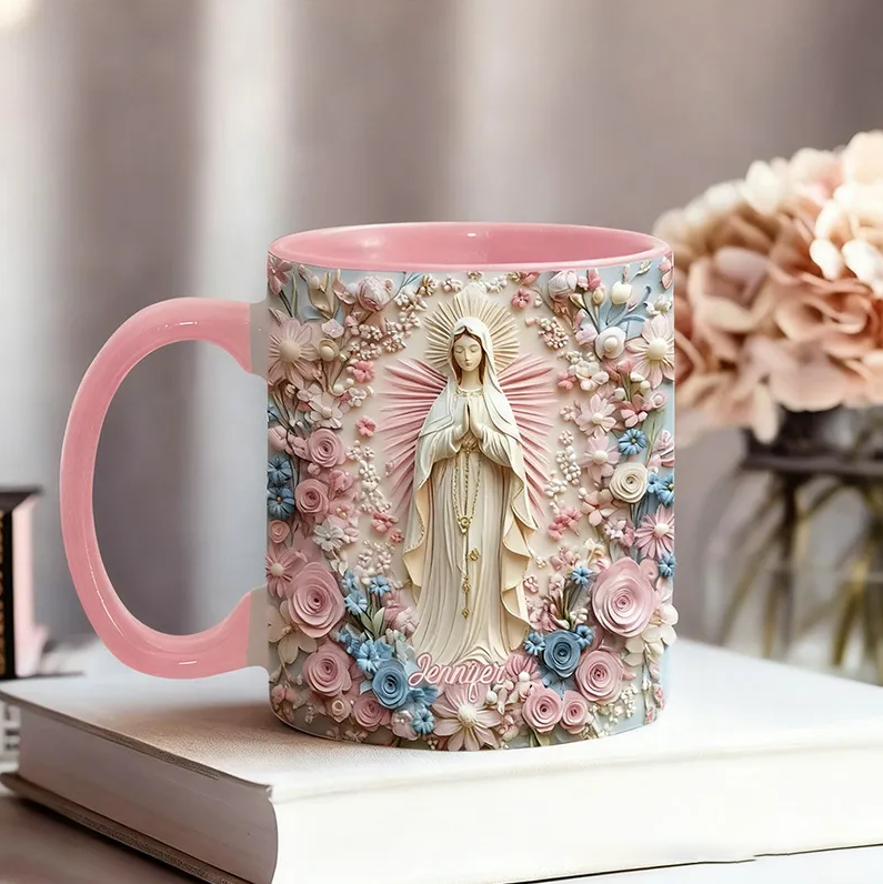 Personalized Floral Serenity of Mary Ceramic Mug with Name Religious Inspirational Gift Catholic Gift for Women