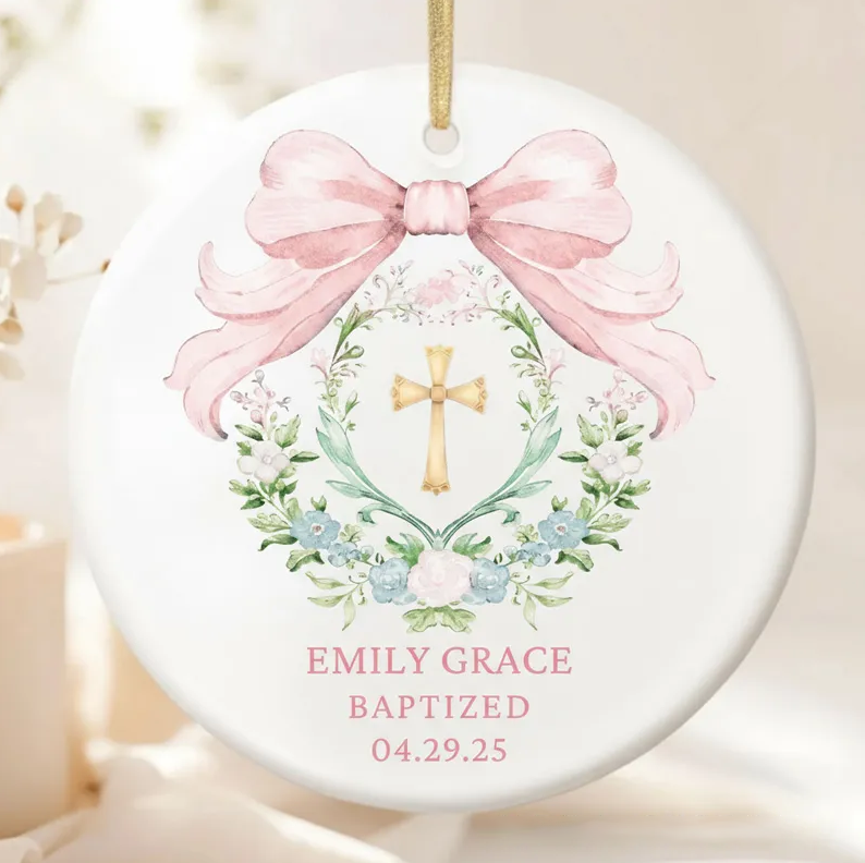 Personalized Cross Bow Ceramic Ornament with Name and Text Religious Gift Baptism Ornament Home Decor for Girls