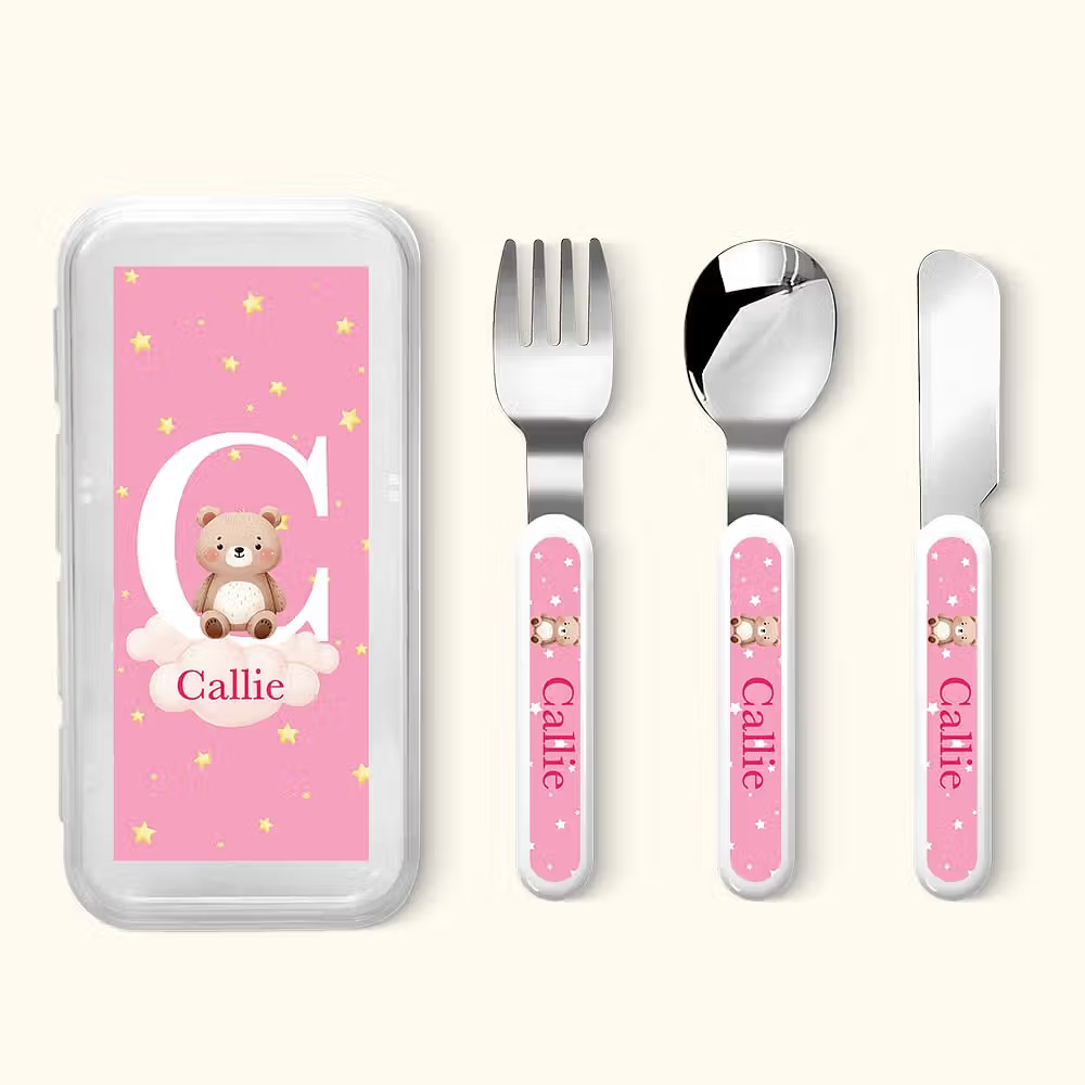 Personalized Cartoon Animal Safe Stainless Steel Kid’s Fork Spoon Knife 3 Pcs Cutlery Set with Initial Case and Name Birthday Gift 