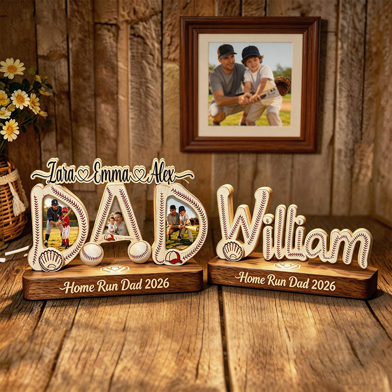 Personalized Baseball Desktop Wooden Home Dector Custom Name and Photo Baseball Dad Father's Day Gift