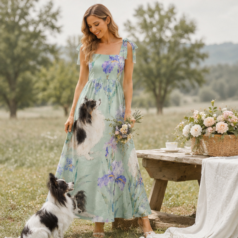Personalized Floral Maxi Dress Watercolor Print with Custom Birth Flower and Pet Gift for Flowers and Pet Lovers