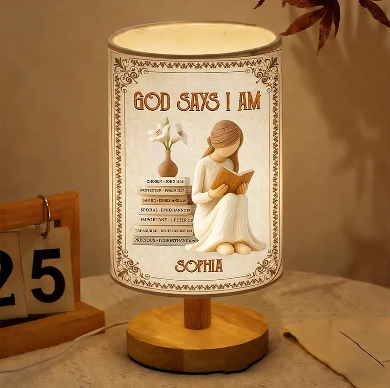 Personalized God Says i am Fabric Lamp with Custom Name Religious Home Decor Table Lamp Christan Gift for Women and Girls