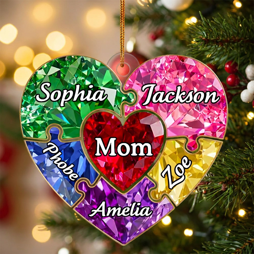 Personalized Gemstone Effect Heart Puzzle Christmas Tree Ornament with Names Christmas Gift for Family Acrylic Holiday Hanging Decor