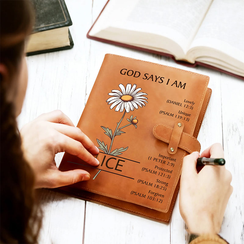 Personalized God Says you are Birth Flower PU Leather Notebook Cover with Name Religious Gift Birthday Gift for Christian