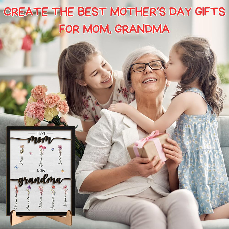 Personalized Birth Month Flower First Mom Now Grandma Custom Two-layer Wooden Plaque Gift for Grandma Grandparent Mother's Day Birthday