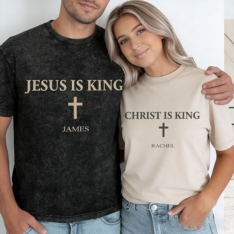 Personalized Jesus is King Christ is King Washed T-Shirt with Name Faith Shirt Religious Gift Christian Gift for Couple Gift for Her for Him