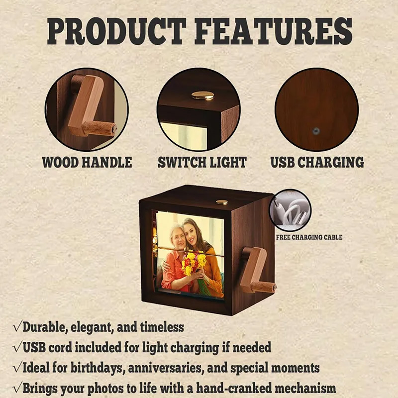 Personalized Lighted Photo Flipbook Box Hand-Cranked Wooden Memory Album Custom Photo Flipbook Frame Gift for Family