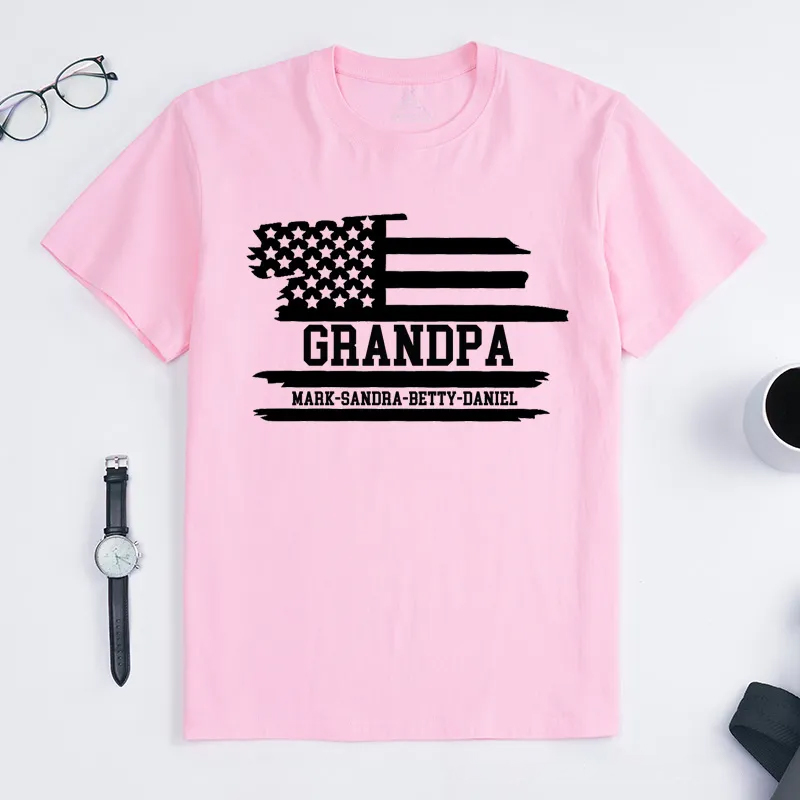 Personalized Grandpa Flag T-Shirt with Grandkids Names Gift for Grandfather Father's Day Birthday Comfortable Cotton Shirt for Men