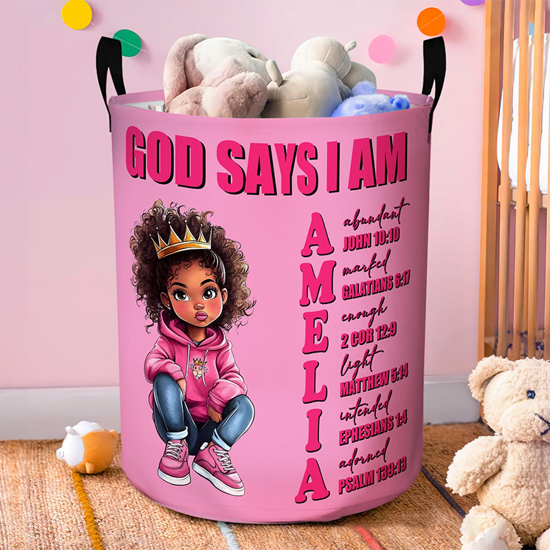 Personalized Cartoon Black Girl Bible Verse Name Storage Basket with Name Laundry Decor Daily Use Religious Gift for Girl