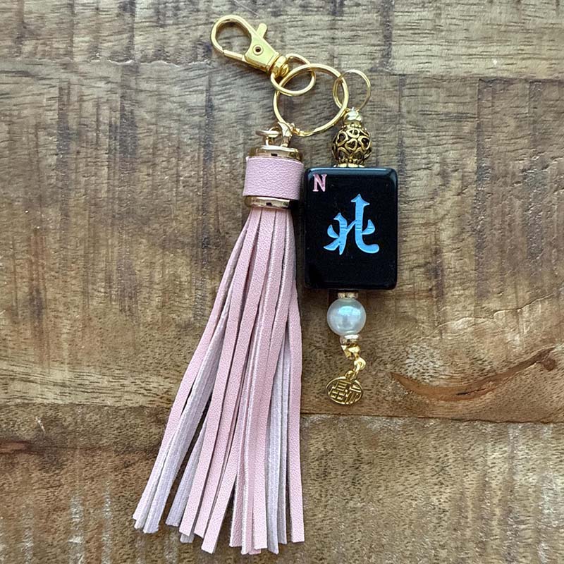 Handmade Mahjong Tile Bag Charm with Tassel Mixed Beads Mahjong Tile Keychain