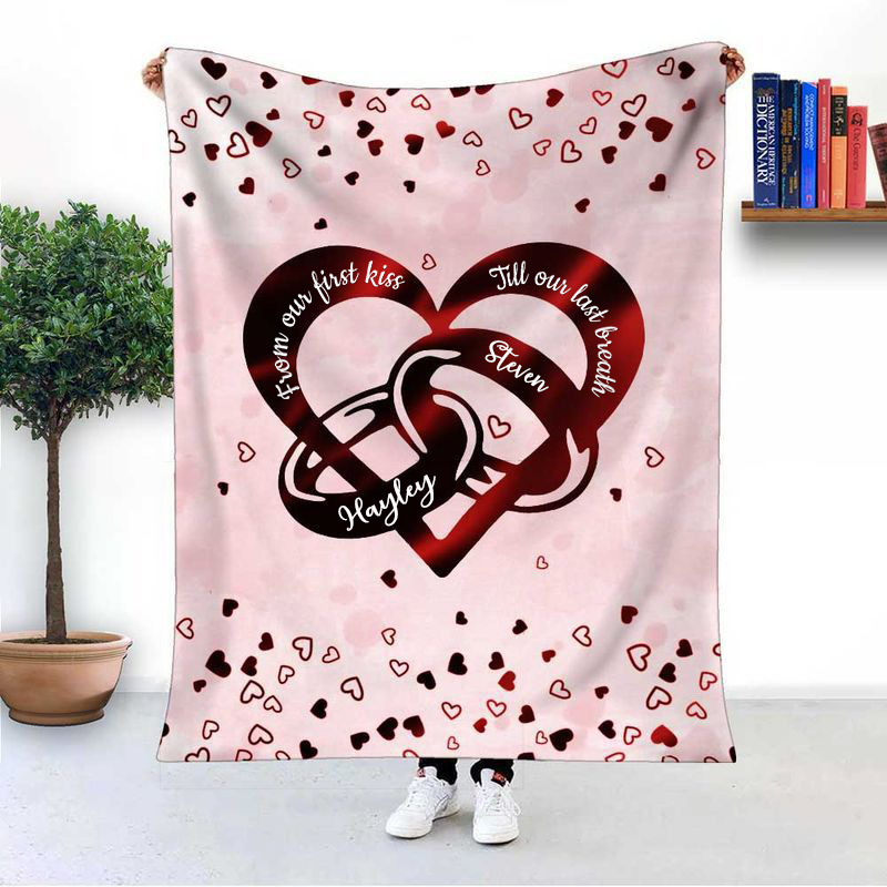 Personalized From Our First Kiss Till Our Last Breath Heart with Couple Rings Custom Valentine's Day Gift Blanket