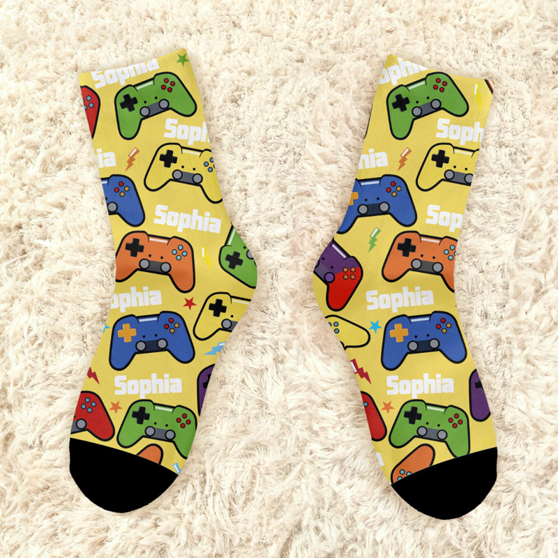 Personalized Multicolor Game Controller MidCalf Socks with Name Daily Use Birthday Gift for Game Friend Geek Lover