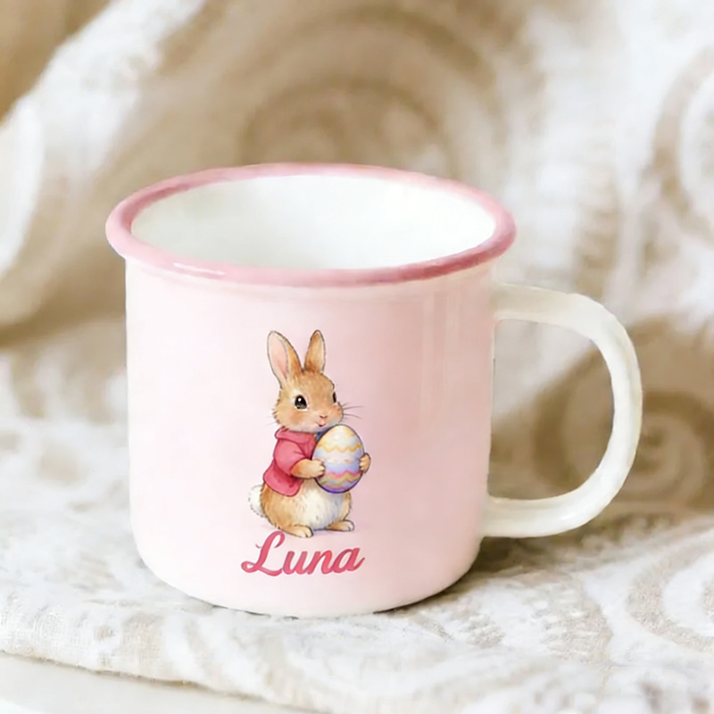 Personalized Cute Easter Egg Rabbit Bunny Enamel Mug with Name Back to School Birthday Easter Gift for Kids