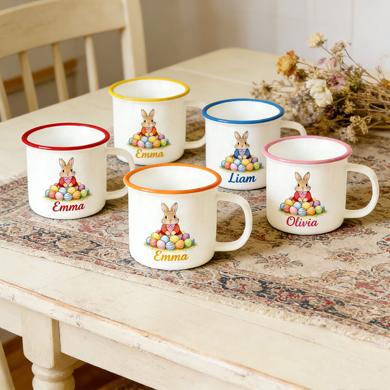 Personalized Cute Easter Egg and Rabbit Bunny Enamel Mug with Name Back to School Birthday Easter Gift for Kids