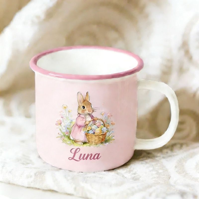 Personalized Cute Garden Easter Rabbit Bunny Enamel Mug with Name Back to School Birthday Easter Gift for Kids