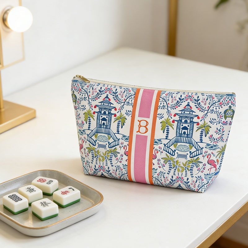 Monogrammed Mahjong Tile Bag Chinoiserie Travel Pouch Pagoda Print