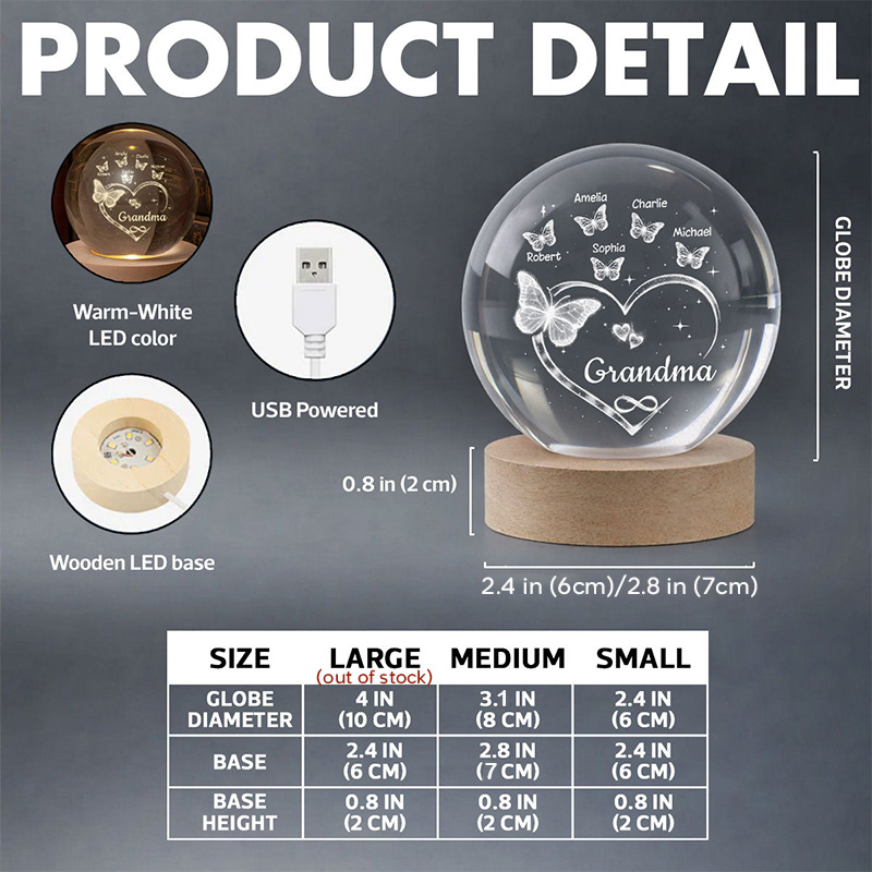 Personalized Grandma Butterfly Hearts with Grandkids' Names Crystal Ball LED Night Light Birthday Mother's Day Gift for Grandma