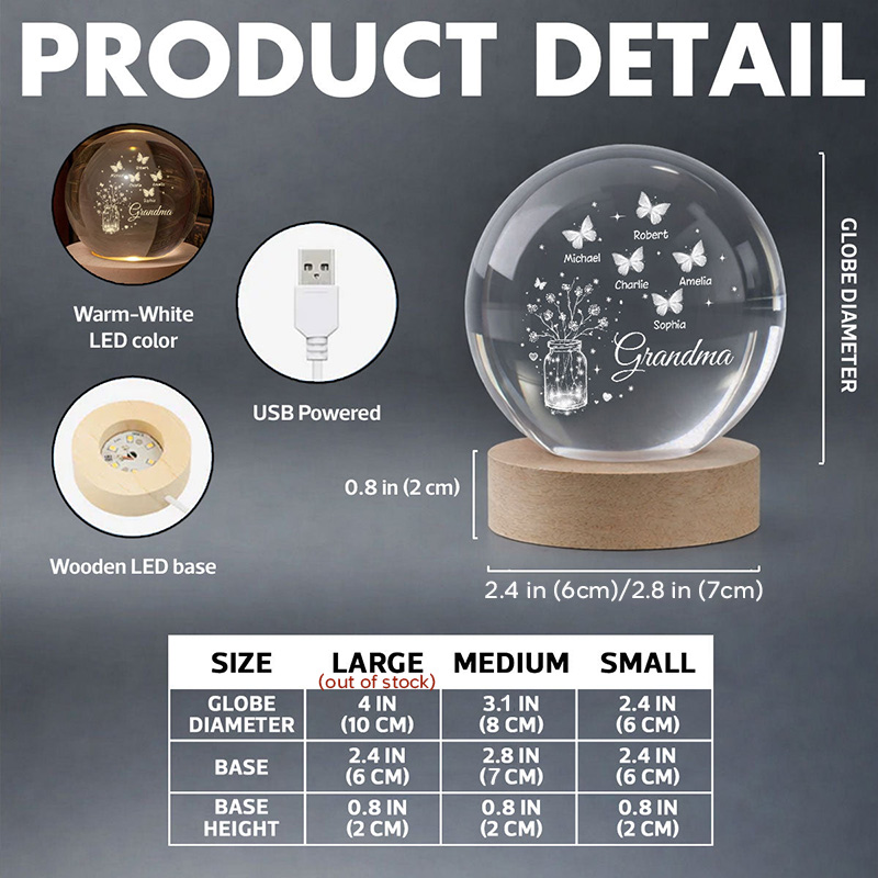 Personalized Grandma Butterfly Flower Jar Crystal Ball LED Night Light Birthday Mother's Day Gift for Grandma