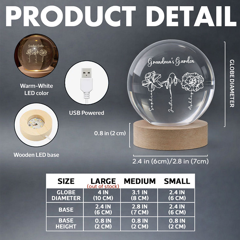 Personalized Grandma's Garden 3D Effect Birth Month Flowers Crystal Ball LED Night Light Birthday Mother's Day Gift for Grandma
