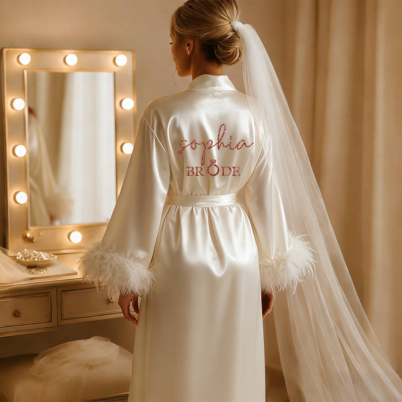 Personalized Feather Robe for Bride Bridesmaid Satin Bridal Robe Personalized Robe with Feathers Bachelorette Gift Custom Bridal Robe for Wedding Day