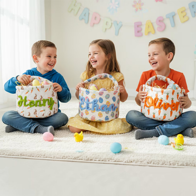 Personalized Easter Basket Quilted Spring Egg Hunt Bucket Boys Girls Bunny Easter Baskets gift for kids Custom Name Basket Easter Decor
