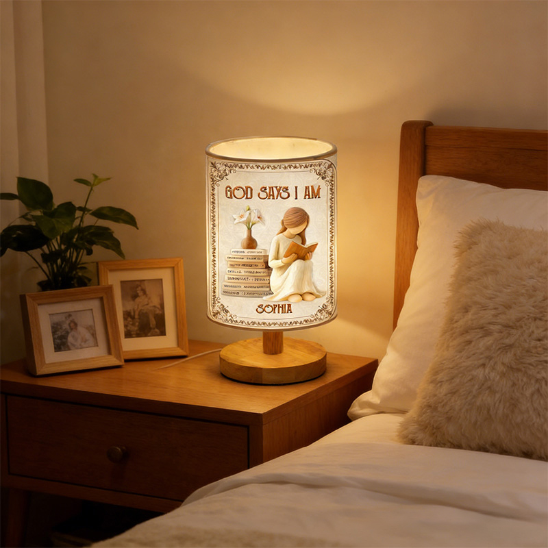 Personalized God Says i am Fabric Lamp with Custom Name Religious Home Decor Table Lamp Christan Gift for Women and Girls