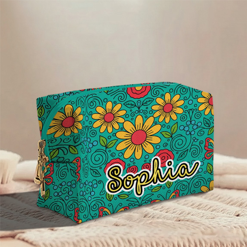 Personalized Multicolored Bright Sunflower Toiletry Bag Custom Name for Kids Travel Gifts and Daily Use