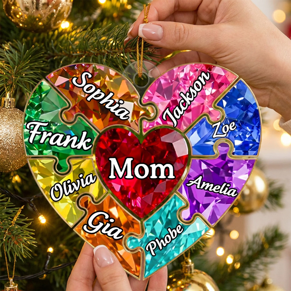Personalized Gemstone Effect Heart Puzzle Christmas Tree Ornament with Names Christmas Gift for Family Acrylic Holiday Hanging Decor