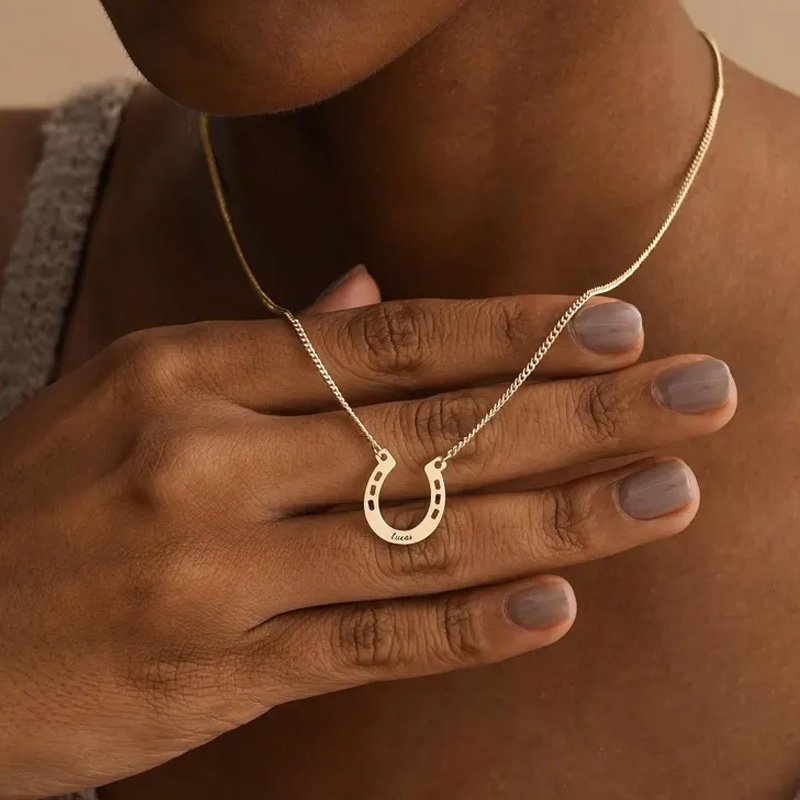 Personalized Horseshoe Charm Necklace with Name Jewelry Cube Gift for Equestrian Riding Lovers