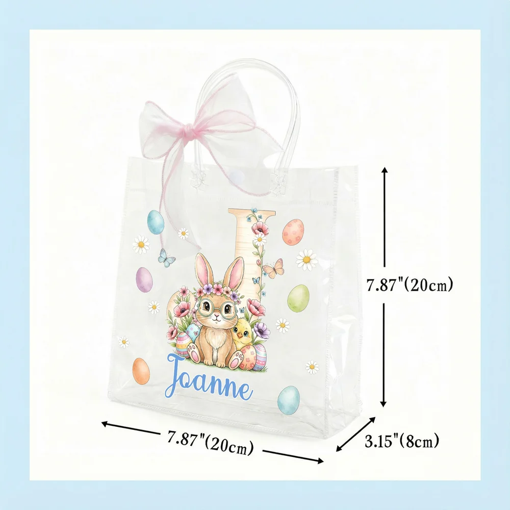 Personalized Pink Bow Ribbon Colorful Easter Eggs Rabbit Chicks Clear Gift Bag with Name and Initial Easter Party Favors Gift for Kids