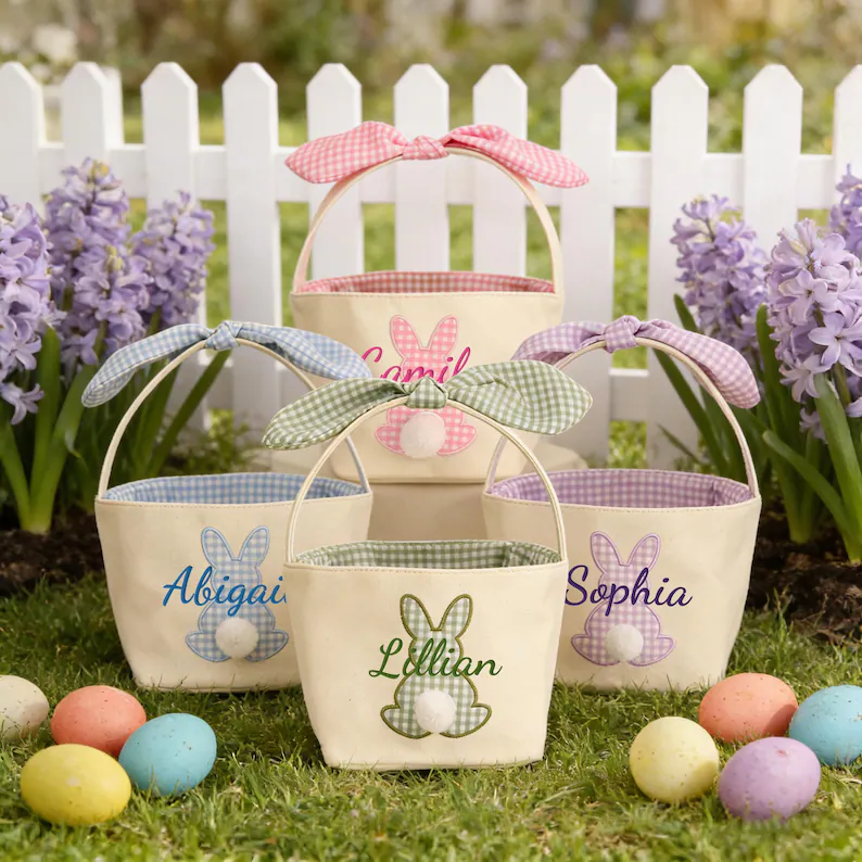 Personalized Easter Basket Embroidered Name Bunny Rabbit Basket Easter Egg Hunt Basket Easter Gift for Kid