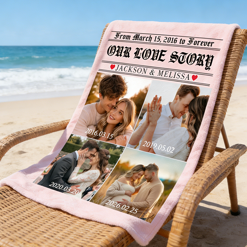Personalized Couple Love Story Poster Design Photo Blanket with Time and Name Newlywed Wedding Newspaper Blanket Anniversary Gift for Husband