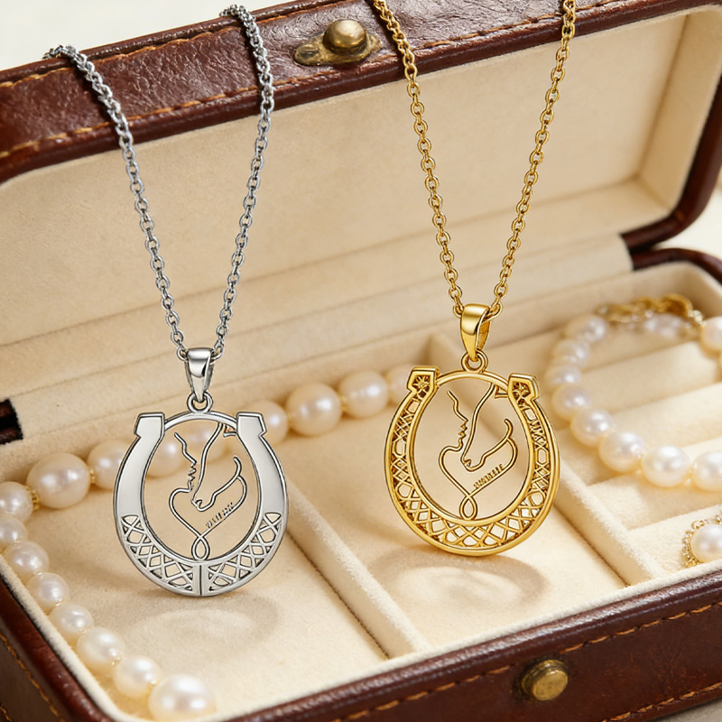 Personalized Couple Horse Rider Necklace Horseshoe Necklace Charm Jewellery Gift for Equestrain Lovers
